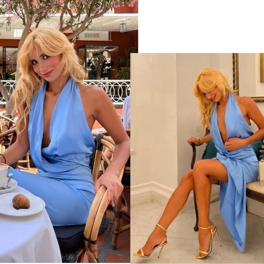 Zara blue satin effect halter top ruched open back midi slip dress NWT - Picture 4 of 16